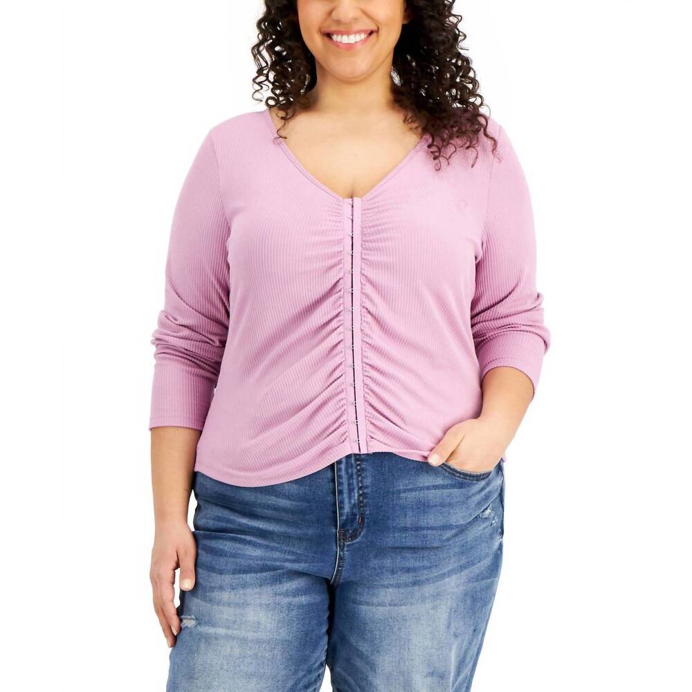 NEW HIPPIE ROSE trendy plus size ruched hook-and-eye-front top in artic orchid